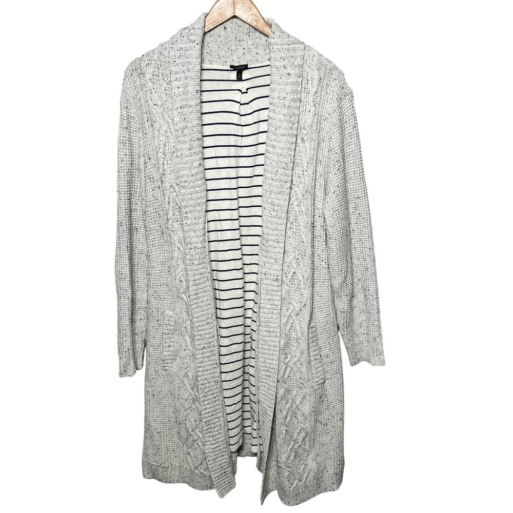 Talbots Sweater Coat Jacket White Gray Belted Lined Pockets Casual Comfy Cozy XL